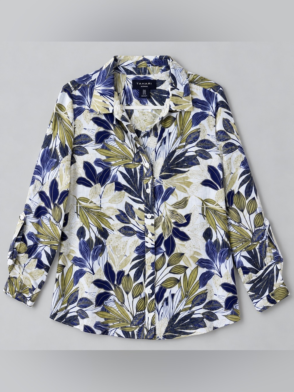 Tahari 100% Linen Floral Button Up Top 1X Beachy Coastal Euro Summer Fisherman